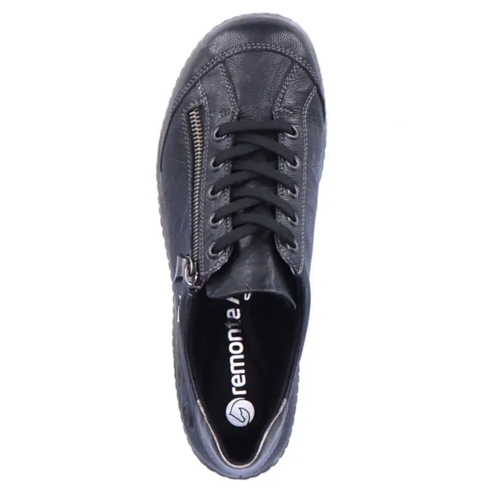 Remonte by Rieker Black Metallic Sheen Leather Zip Side Casual Lace Up Sneakers - Picture 3 of 16